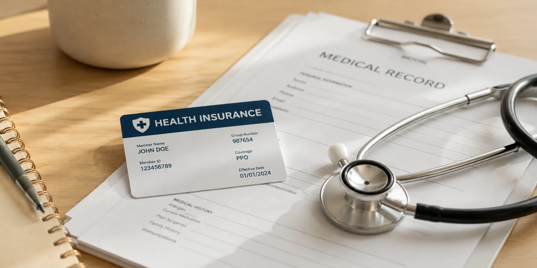 Insurance card and documents showing coverage for medical cannabis evaluations in NJ