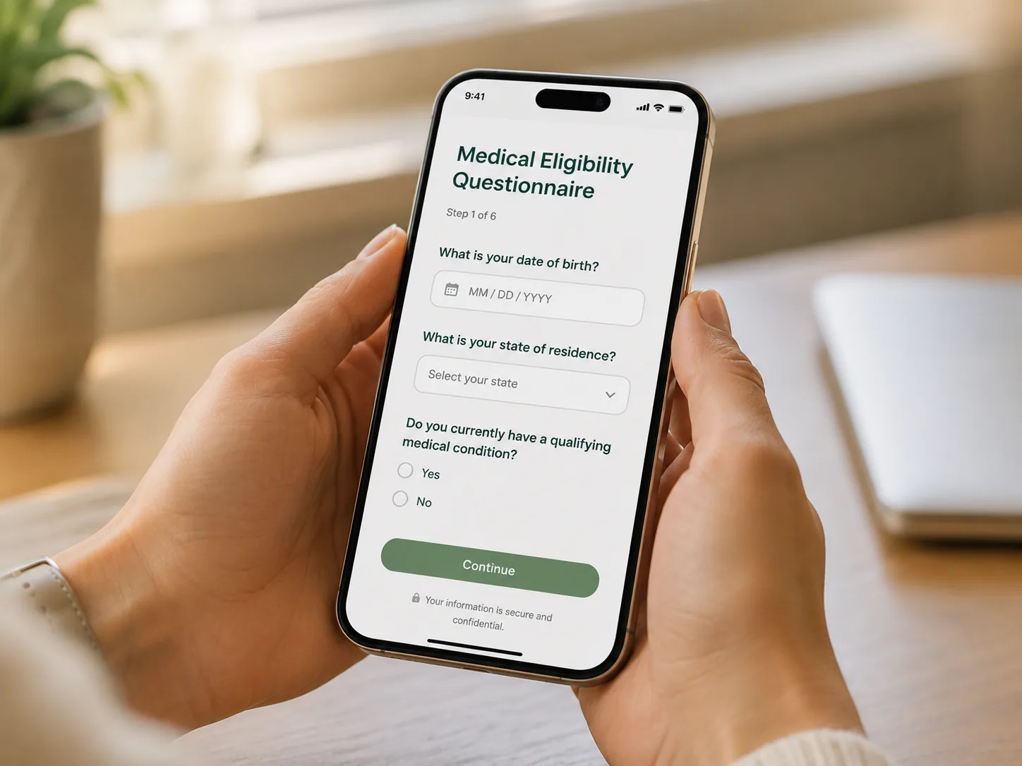 Patient completing the PremierMD eligibility intake form on their device at home