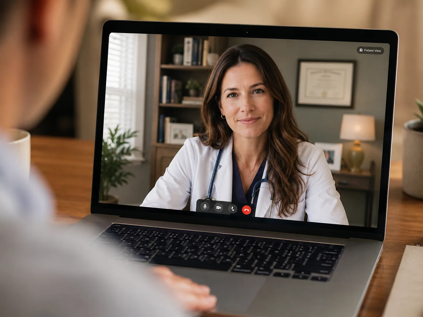Patient on a secure telehealth video call with their PremierMD physician from home